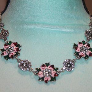 Nwt: Pink,Green Flower/Clear Crystals Necklace